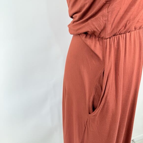 Rachel Zoe Midi Dress Sz L Terracotta Ruffle Tier Pockets Stretchy Resort Casual - Picture 4 of 7